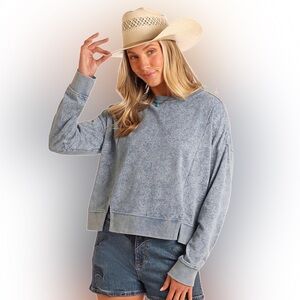 Rock & Roll Denim Blue Bandana Print Crewneck Pullover Sweatshirt Size M NWT